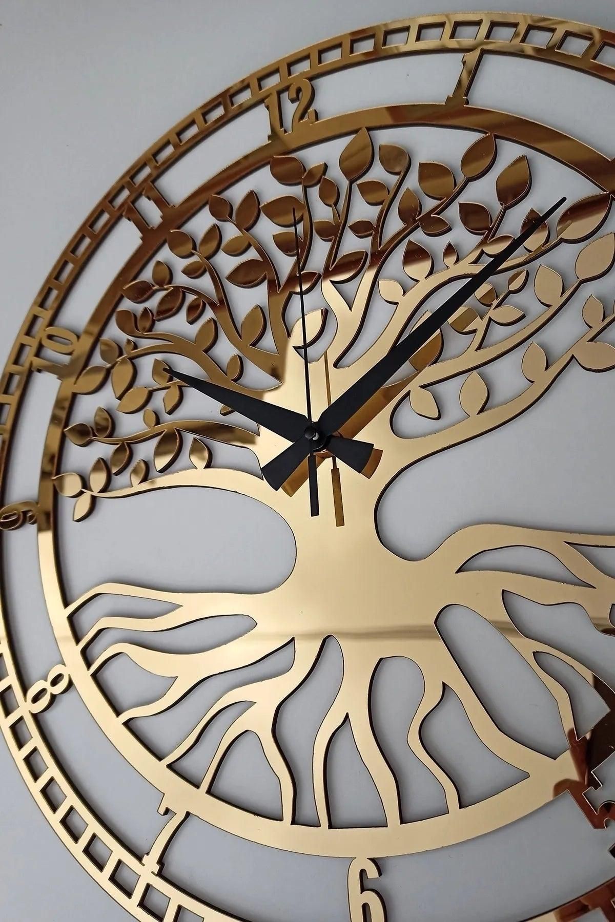 Ağaç Desenli Duvar Saati - Gold Aynalı Pleksi, Ahşap - evdeyiz.de