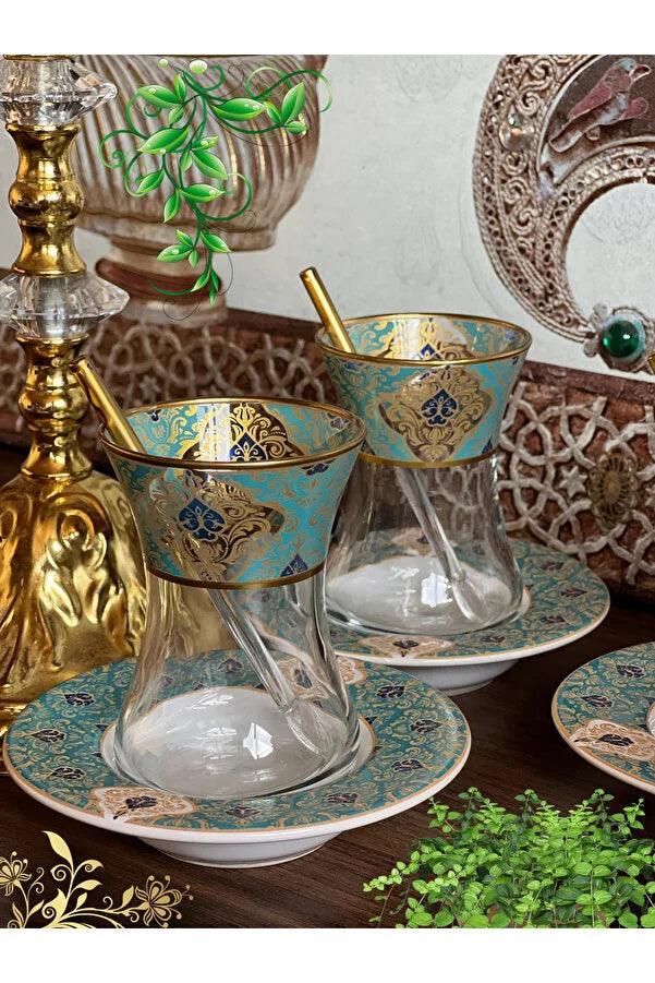Altın Yeşil Desen Işlemeli 6 Kişilik Cam Porselen Çay Seti Tea Set For 6 Persons Premium Porcelain - evdeyiz.de