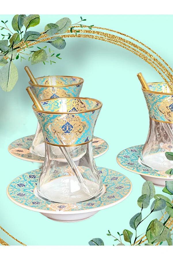 Altın Yeşil Desen Işlemeli 6 Kişilik Cam Porselen Çay Seti Tea Set For 6 Persons Premium Porcelain - evdeyiz.de