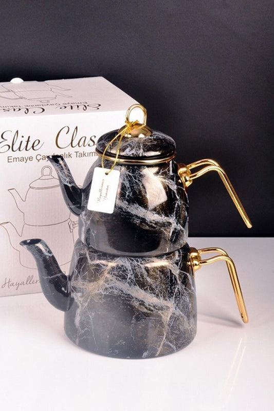 Çaydanlık - Siyah Elite Class Emaye Çaydanlık Desenli - evdeyiz.de