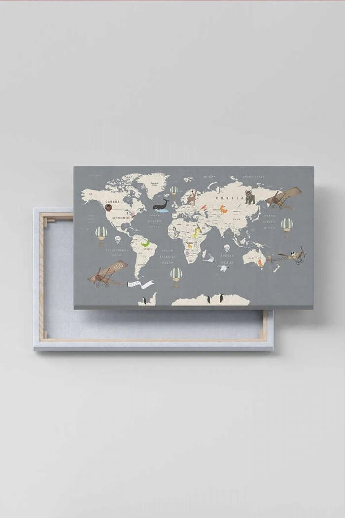 Dekoratif Dünya Haritası Kanvas Duvar Tablosu - 95x55 cm - evdeyiz.de