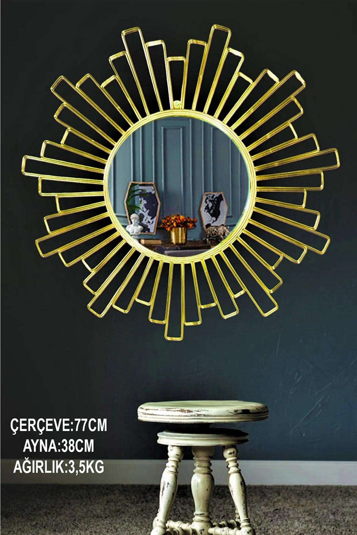 Gold Yelpaze Dizayn Duvar Aynası - Salon, Antre, Banyo, Modern Dekoratif Metal Ayna - evdeyiz.de