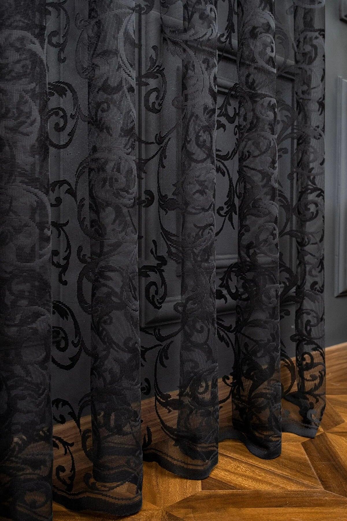 Klasik Şal Desen Siyah Renk Desen Tasarım 2 Kat Pileli Tül Perde - evdeyiz.de