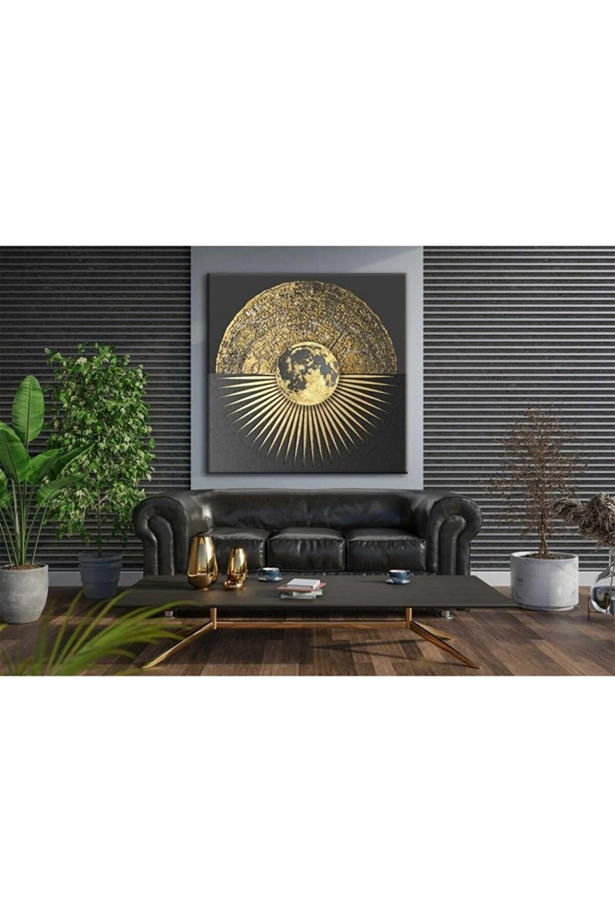 Modern Lüks Altın Geometrik Soyut Dekoratif Kanvas Tablo - 60x60 cm - evdeyiz.de