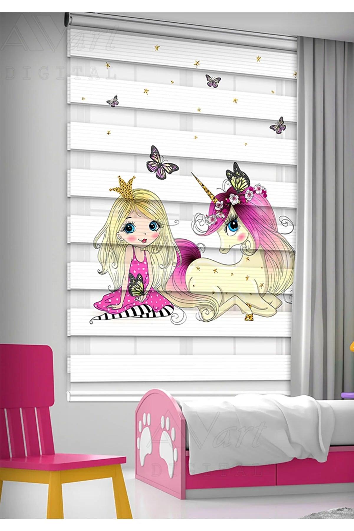 Prenses Ve Unicorn Baskılı Çocuk Odası Perdesi - Baskılı Zebra Perde - evdeyiz.de